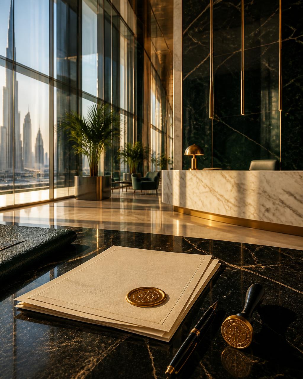 Marble desk in a Dubai tower lobby with sealed company incorporation documents